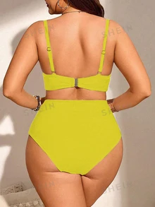 SHEIN Swim Curve 大码女式两件套纯色褶皱吊带比基尼泳衣套装，时尚简约，适合度假 - 黃色 - 查看 2