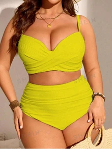 SHEIN Swim Curve 大码女式两件套纯色褶皱吊带比基尼泳衣套装，时尚简约，适合度假 - 黃色 - 查看 1