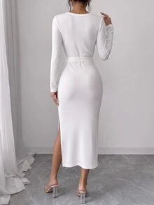 SHEIN EZwear 2026秋冬新款女式洋裝 V領休閒優雅長版派對拿破崙鈕扣束腰彈性針織格紋辦公休閒穿搭 - 白色 - 查看 2