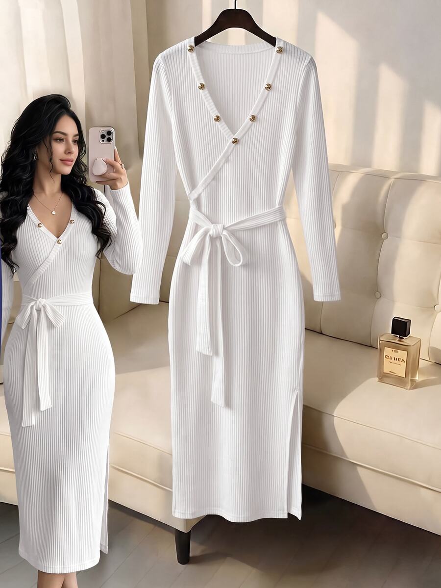 SHEIN EZwear 2026秋冬新款女式洋裝 V領休閒優雅長版派對拿破崙鈕扣束腰彈性針織格紋辦公休閒穿搭 - 白色 - 查看 1