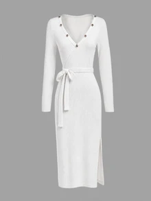 SHEIN EZwear 2026秋冬新款女式洋裝 V領休閒優雅長版派對拿破崙鈕扣束腰彈性針織格紋辦公休閒穿搭 - 白色 - 查看 7