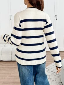 SHEIN Maternity Casual Colorblock Striped Sweater For Autumn/Winter - Blue - View 2