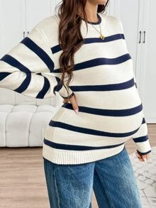 SHEIN Maternity Casual Colorblock Striped Sweater For Autumn/Winter - Blue - View 6