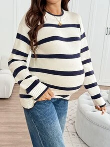 SHEIN Maternity Casual Colorblock Striped Sweater For Autumn/Winter - Blue - View 5