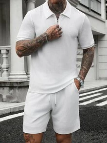 Manfinity CasualCool 男士夏季拉鍊半開襟短袖 Polo 衫與抽繩腰短褲套裝，街頭風，休閒 - 白色 - 查看 5
