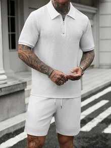 Manfinity CasualCool 男士夏季拉鍊半開襟短袖 Polo 衫與抽繩腰短褲套裝，街頭風，休閒 - 白色 - 查看 6