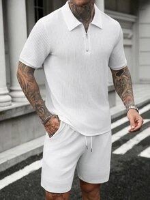 Manfinity CasualCool 男士夏季拉鍊半開襟短袖 Polo 衫與抽繩腰短褲套裝，街頭風，休閒 - 白色 - 查看 4