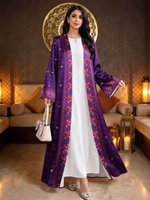 SHEIN Najma 花卉幾何印花深紫色緞面柔軟女款大尺碼優雅阿拉伯式長袍，春秋時尚長袖開襟長版開襟外套，阿拉伯風服飾 - 彩色 - 查看 4