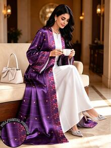 SHEIN Najma 花卉幾何印花深紫色緞面柔軟女款大尺碼優雅阿拉伯式長袍，春秋時尚長袖開襟長版開襟外套，阿拉伯風服飾 - 彩色 - 查看 1