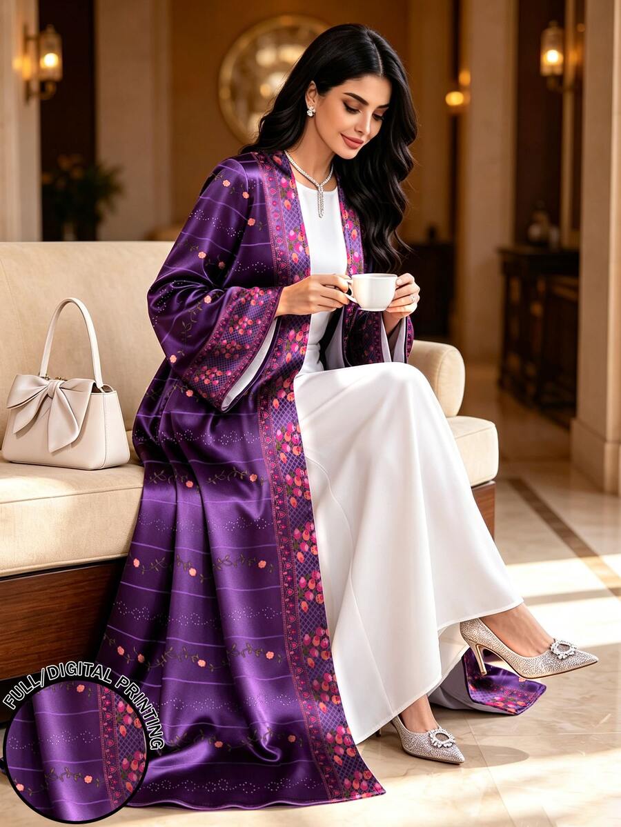 SHEIN Najma 花卉幾何印花深紫色緞面柔軟女款大尺碼優雅阿拉伯式長袍,春秋時尚長袖開襟長版開襟外套,阿拉伯風服飾 - 彩色 - 查看 1