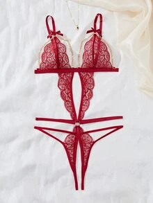 Spicy Aura 1件女士性感蕾丝紧身衣 - 酒紅色 - 查看 3