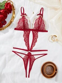 Spicy Aura 1件女士性感蕾丝紧身衣 - 酒紅色 - 查看 1