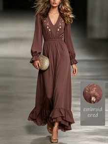 Balvessa V-Neck Embroidered Waist-Cinched Ruffle Hem Long Casual Dress For Women, Autumn/Winter - Rust Brown - View 1