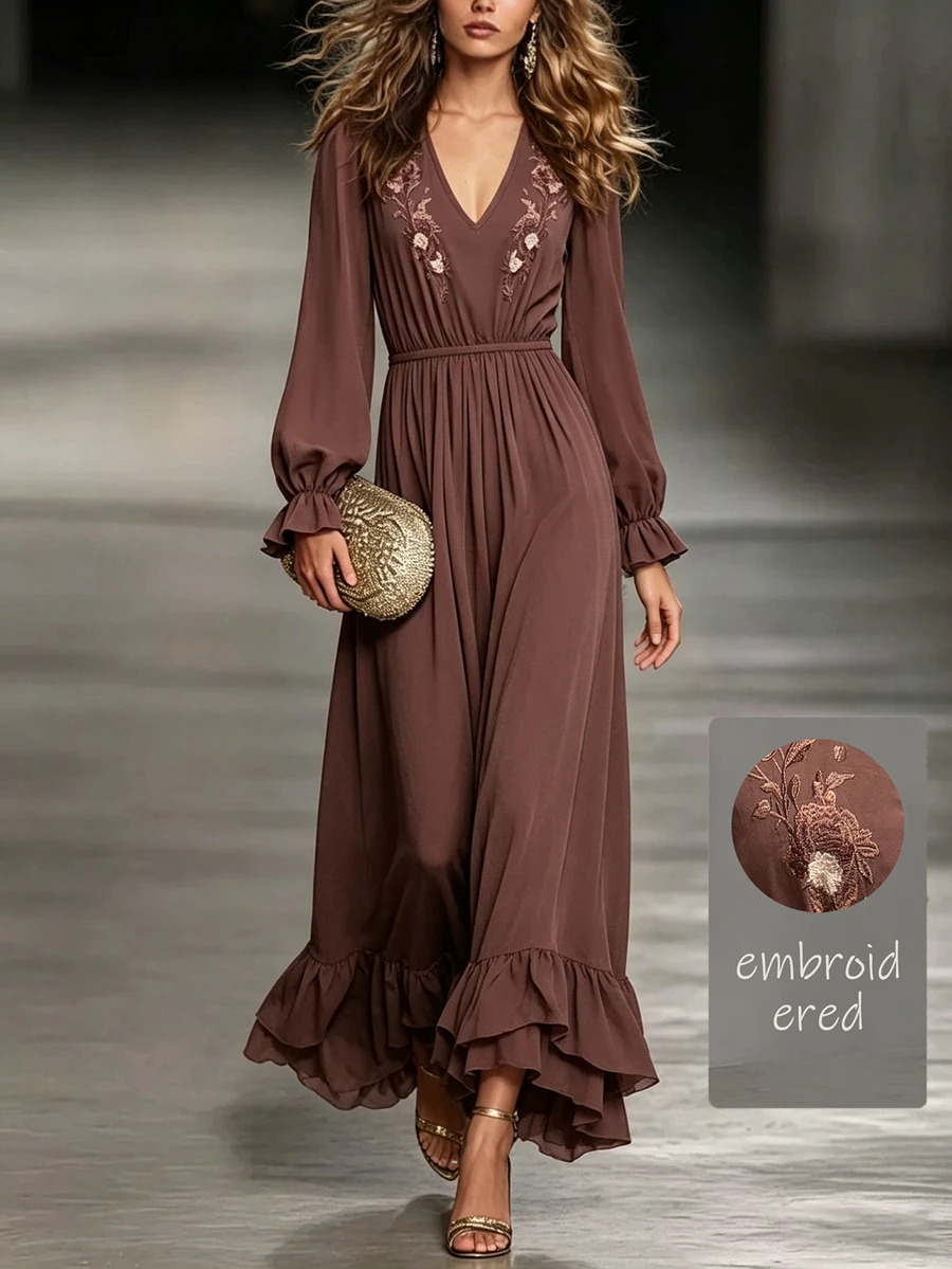 Balvessa V-Neck Embroidered Waist-Cinched Ruffle Hem Long Casual Dress For Women, Autumn/Winter - Rust Brown - View 1