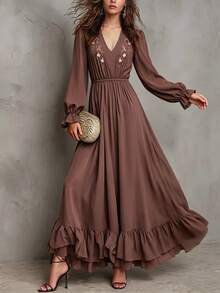 Balvessa V-Neck Embroidered Waist-Cinched Ruffle Hem Long Casual Dress For Women, Autumn/Winter - Rust Brown - View 3