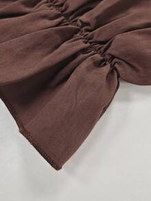 Balvessa V-Neck Embroidered Waist-Cinched Ruffle Hem Long Casual Dress For Women, Autumn/Winter - Rust Brown - View 4