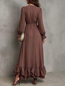 Balvessa V-Neck Embroidered Waist-Cinched Ruffle Hem Long Casual Dress For Women, Autumn/Winter - Rust Brown - View 2