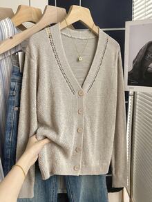 Ceyna Plus Size Women's Solid Color V-Neck Casual Traditional Versatile Daily Outing Cardigan Office Formal Grey Autumn - Apricot - View 2