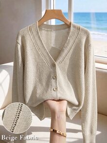 Ceyna Plus Size Women's Solid Color V-Neck Casual Traditional Versatile Daily Outing Cardigan Office Formal Grey Autumn - Apricot - View 4