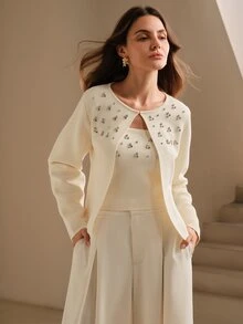Anewsta BEADED RHINESTONE KNIT CARDIGAN - Apricot - View 5