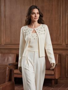 Anewsta BEADED RHINESTONE KNIT CARDIGAN - Apricot - View 11