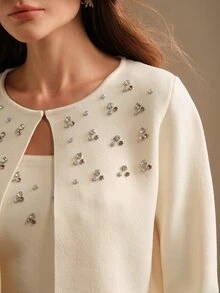 Anewsta BEADED RHINESTONE KNIT CARDIGAN - Apricot - View 4