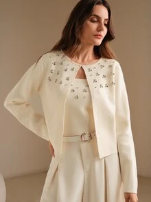 Anewsta BEADED RHINESTONE KNIT CARDIGAN - Apricot - View 10