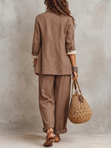 SHEIN Women's Minimalist Single-Breasted Blazer And Trousers 2 Pieces Suit Set - Brown - View 2