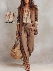 SHEIN Women's Minimalist Single-Breasted Blazer And Trousers 2 Pieces Suit Set - Brown - View 1