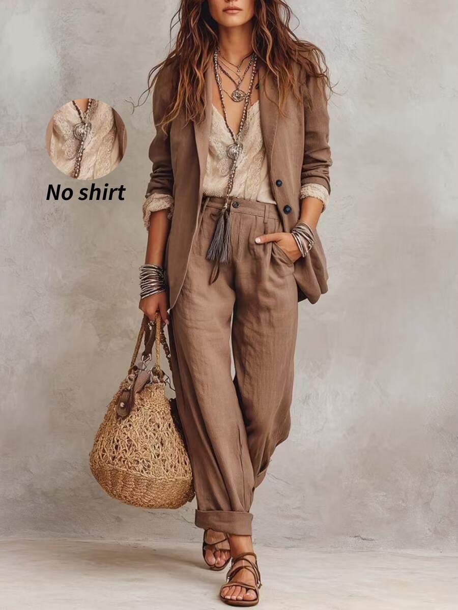 SHEIN Women's Minimalist Single-Breasted Blazer And Trousers 2 Pieces Suit Set - Brown - View 1