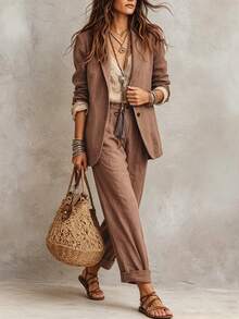 SHEIN Women's Minimalist Single-Breasted Blazer And Trousers 2 Pieces Suit Set - Brown - View 6