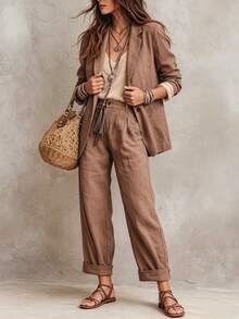 SHEIN Women's Minimalist Single-Breasted Blazer And Trousers 2 Pieces Suit Set - Brown - View 5