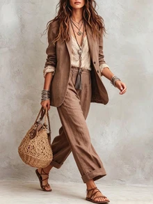 SHEIN Women's Minimalist Single-Breasted Blazer And Trousers 2 Pieces Suit Set - Brown - View 3