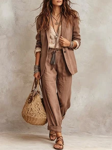SHEIN Women's Minimalist Single-Breasted Blazer And Trousers 2 Pieces Suit Set - Brown - View 4