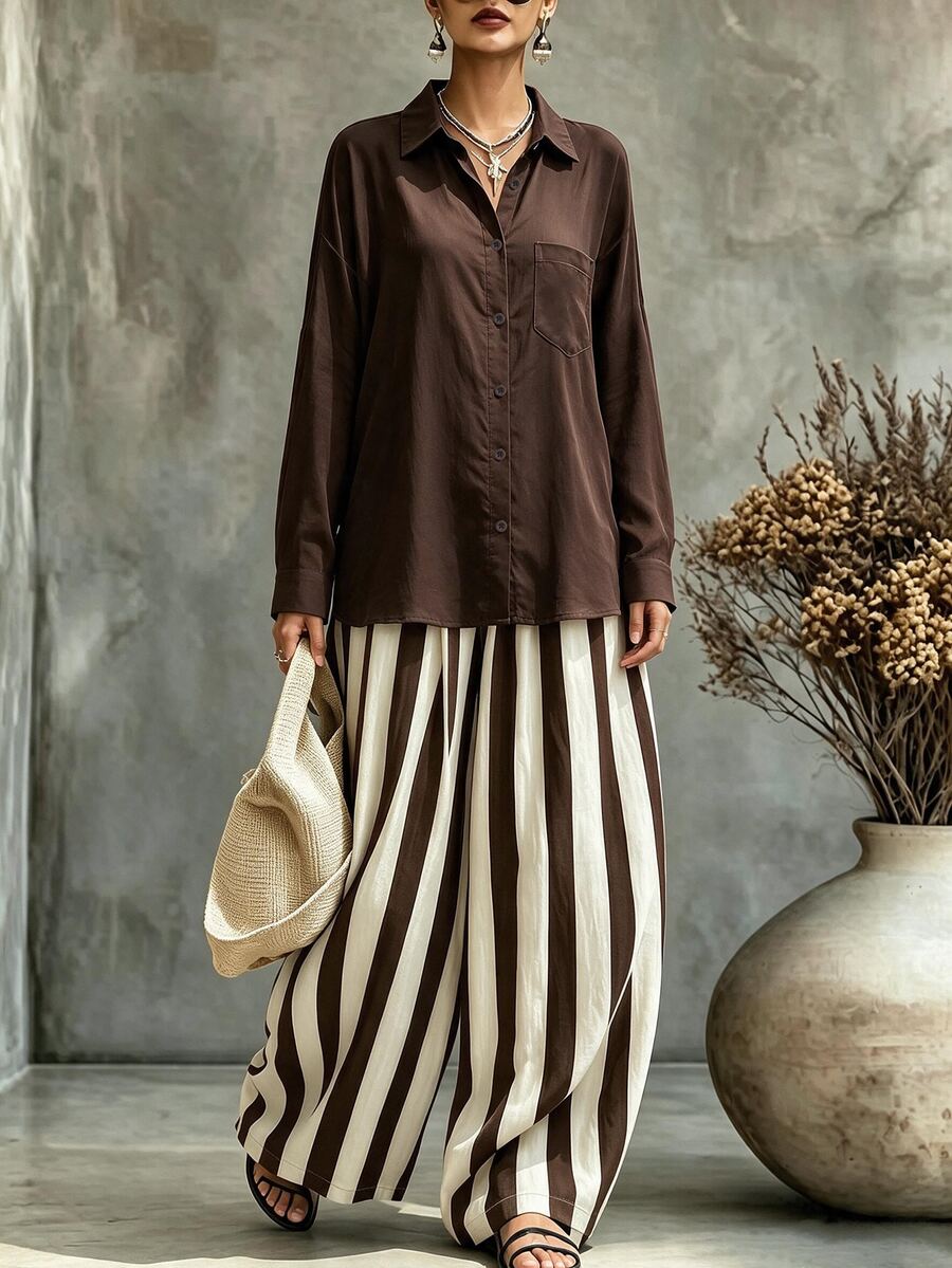 Trelyra Women's Solid Color Long Sleeve Single-Breasted Shirt And Striped Wide Leg Pants 2 Pieces Set - Black - View 1