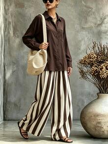 Trelyra Women's Solid Color Long Sleeve Single-Breasted Shirt And Striped Wide Leg Pants 2 Pieces Set - Black - View 3