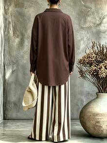 Trelyra Women's Solid Color Long Sleeve Single-Breasted Shirt And Striped Wide Leg Pants 2 Pieces Set - Black - View 2