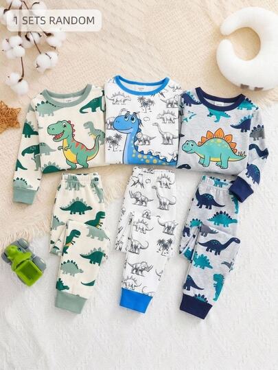 SHEIN Young Boy Snug Fit Pajamas, Cartoon Dinosaur Pattern, Knitted Soft Casual Minimalist Comfortable Thick Long Sleeve Pants Home Wear, Suitable For Autumn/Winter