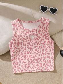 SHEIN Young Girls Leopard Print Heart Cut Out Tank Top, Rib-Knit Sleeveless Cami, Cute Pink Summer Casual Slim Fit Crop Vest - Pink - View 6