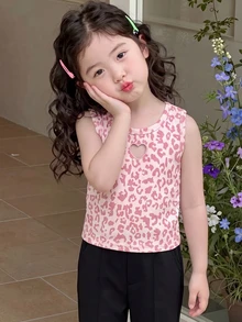 SHEIN Young Girls Leopard Print Heart Cut Out Tank Top, Rib-Knit Sleeveless Cami, Cute Pink Summer Casual Slim Fit Crop Vest - Pink - View 3