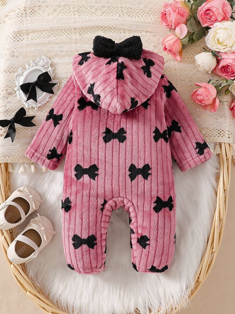 SHEIN Vintaside Kids Newborn Girls' Cute Zip Up Bow Decor Button Fleece Lined Hooded Long Sleeve Long Pink Romper Winter, Loose Fit, Comfortable, Comfortable - Pink - View 2