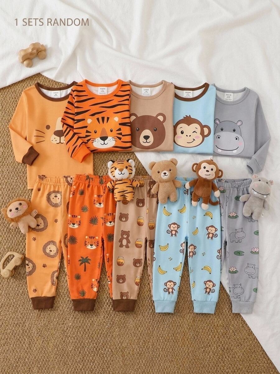 SHEIN 嬰兒男孩女孩貼身款秋冬可愛動物圖案羅紋圓領長袖上衣 + 睡褲,柔軟舒適緊身睡衣居家服套裝 2 件組 - 黃色 - 查看 1