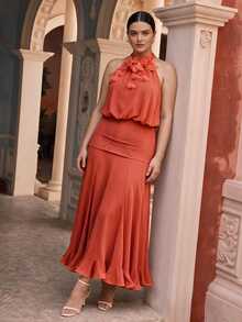 Anewsta Spring/Summer New Holiday Party Sleeveless Detachable Floral Decor Cinched Waist Ruffle Hem Maxi Dress, Plus Size - Coral Orange - View 6