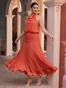 Anewsta Spring/Summer New Holiday Party Sleeveless Detachable Floral Decor Cinched Waist Ruffle Hem Maxi Dress, Plus Size - Coral Orange - View 3