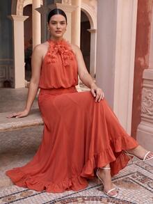 Anewsta Spring/Summer New Holiday Party Sleeveless Detachable Floral Decor Cinched Waist Ruffle Hem Maxi Dress, Plus Size - Coral Orange - View 4