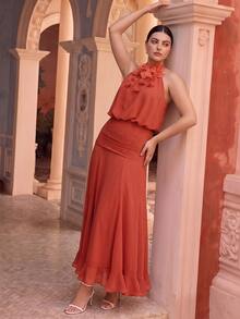 Anewsta Spring/Summer New Holiday Party Sleeveless Detachable Floral Decor Cinched Waist Ruffle Hem Maxi Dress, Plus Size - Coral Orange - View 7