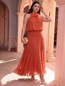 Anewsta Spring/Summer New Holiday Party Sleeveless Detachable Floral Decor Cinched Waist Ruffle Hem Maxi Dress, Plus Size - Coral Orange - View 1