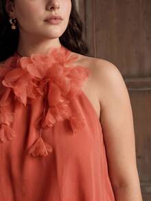 Anewsta Spring/Summer New Holiday Party Sleeveless Detachable Floral Decor Cinched Waist Ruffle Hem Maxi Dress, Plus Size - Coral Orange - View 5
