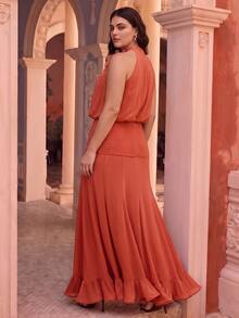 Anewsta Spring/Summer New Holiday Party Sleeveless Detachable Floral Decor Cinched Waist Ruffle Hem Maxi Dress, Plus Size - Coral Orange - View 2