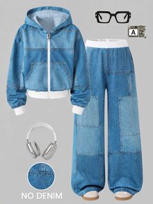 Tween Girls Autumn Clothes Back To School Holiday Sky Blue Denim Effect All Over Print Zip Hooded Elastic Waist Wide Leg 2Pcs Set Fall Cow Boy - Multicolor - View 10